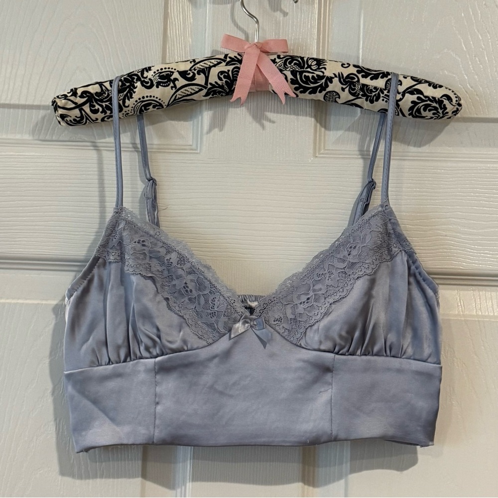 Lace Trim Satin Top - Blue Size S